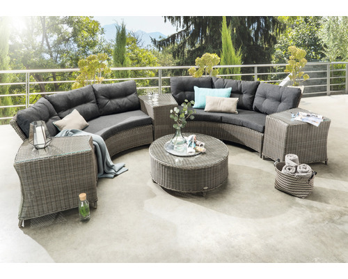 Salon de jardin Destiny RIO semi-circulaire, 2 accoudoirs, 3 dessertes, 1 table Ø90x38cm