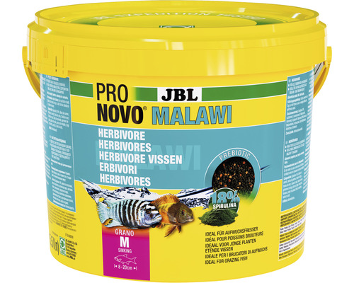 Nourriture en granulés JBL PRONOVO MALAWI GRANO M 5,5 l JBL Pro Novo Malawi nourriture pour poissons herbivores dans un seau jaune
