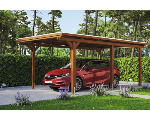 Carport individuel SKAN HOLZ Emsland avec film EPDM, ancre de poteau 354 x 604 cm noyer