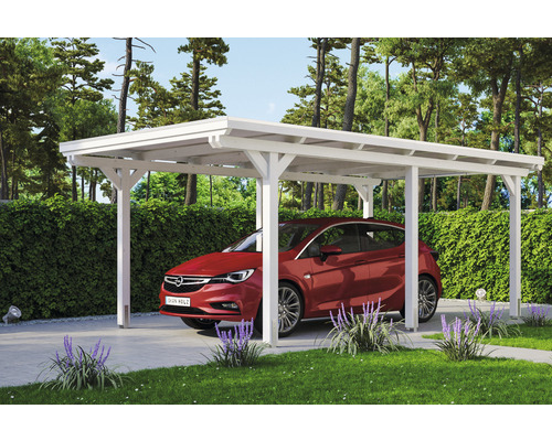 Carport individuel SKAN HOLZ Emsland avec film EPDM, ancre de poteau 354 x 604 cm blanc