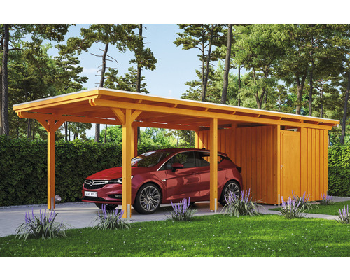 Carport individuel SKAN HOLZ Emsland avec espace de rangement, film EPDM, ancre de poteau 354 x 846 cm chêne clair