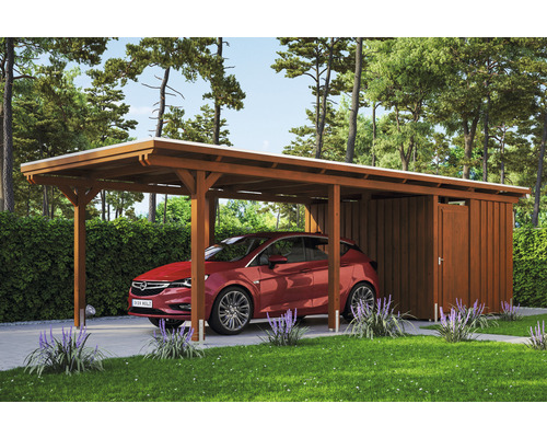 Carport individuel SKAN HOLZ Emsland avec espace de rangement, film EPDM, ancre de poteau 354 x 846 cm noyer