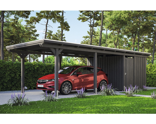 Carport individuel SKAN HOLZ Emsland avec espace de rangement, ancre de poteau 354 x 846 cm ardoise