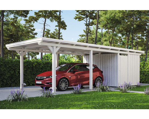 Carport individuel SKAN HOLZ Emsland avec espace de rangement, film EPDM, ancre de poteau 354 x 846 cm blanc