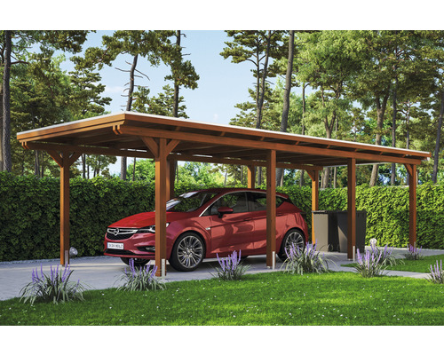 Carport individuel SKAN HOLZ Emsland avec film EPDM, ancre de poteau 354 x 846 cm noyer