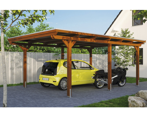 Carport individuel SKAN HOLZ Emsland avec film EPDM, ancre de poteau 404 x 604 cm noyer