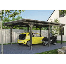 Holzcarport mit Auto und Motorrad