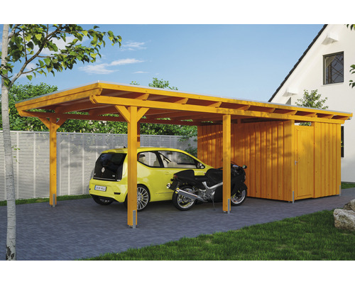 Carport individuel SKAN HOLZ Emsland avec espace de rangement, ancre de poteau 404 x 846 cm chêne clair