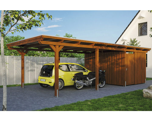 Carport individuel SKAN HOLZ Emsland avec espace de rangement, ancre de poteau 404 x 846 cm noyer