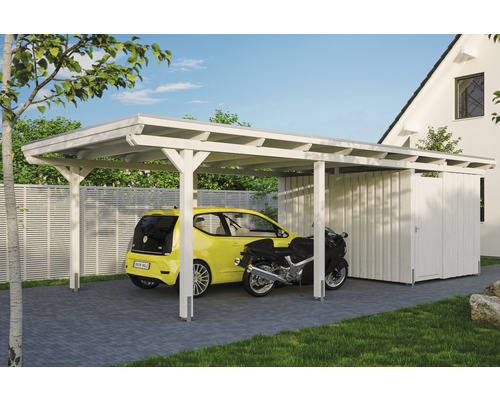 Carport individuel SKAN HOLZ Emsland avec espace de rangement, film EPDM, ancre de poteau 404 x 846 cm blanc