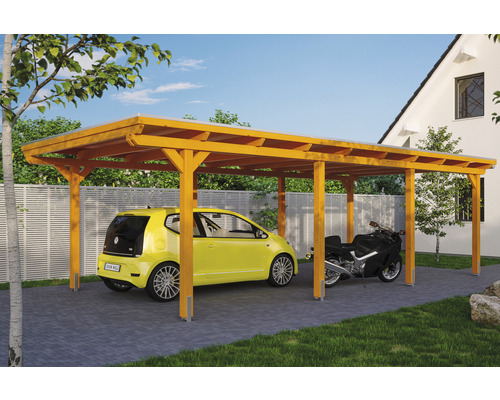 Carport individuel SKAN HOLZ Emsland avec film EPDM, ancre de poteau 404 x 846 cm chêne clair