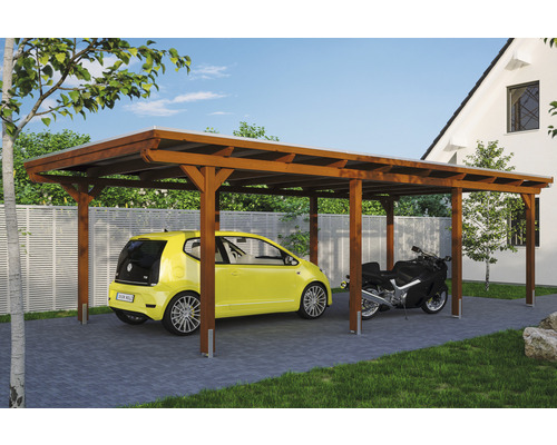 Carport individuel SKAN HOLZ Emsland avec film EPDM, ancre de poteau 404 x 846 cm noyer