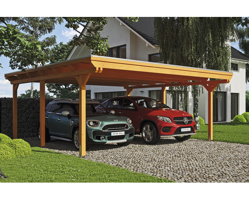 Carport double SKAN HOLZ Emsland avec film EPDM, ancre de poteau 613 x 604 cm chêne clair