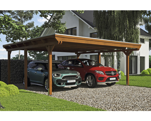 Carport double SKAN HOLZ Emsland avec ancre de poteau 613 x 604 cm noyer