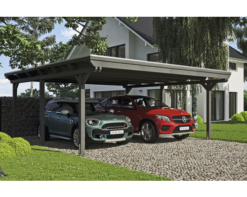 Carport double SKAN HOLZ Emsland avec film EPDM, ancre de poteau 613 x 604 cm ardoise