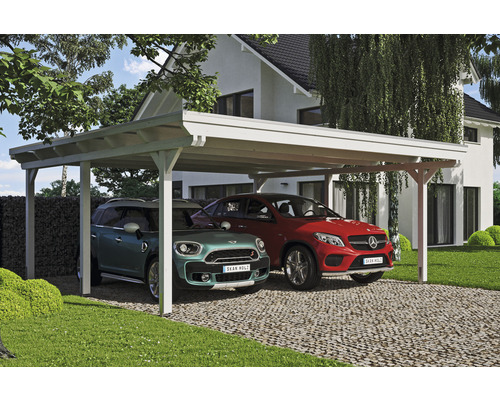 Carport double SKAN HOLZ Emsland avec film EPDM, ancre de poteau 613 x 604 cm blanc Carport double SKAN HOLZ Emsland avec film EPDM, ancre de poteau 613 x 604 cm blanc