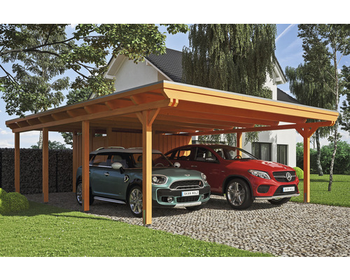 Carport double SKAN HOLZ Emsland avec espace de rangement, ancre de poteau 613 x 846 cm chêne clair