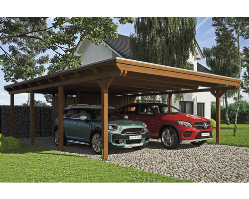 Carport double SKAN HOLZ Emsland avec espace de rangement, film EPDM, ancre de poteau 613 x 846 cm noyer