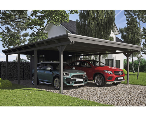 Carport double SKAN HOLZ Emsland avec espace de rangement, ancre de poteau 613 x 846 cm ardoise