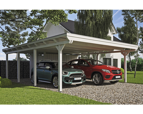 Carport double SKAN HOLZ Emsland avec espace de rangement, ancre de poteau 613 x 846 cm blanc