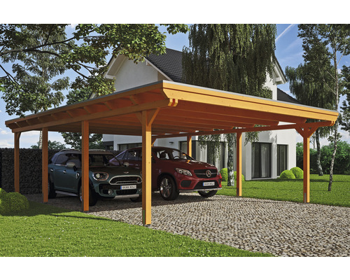 Carport double SKAN HOLZ Emsland avec film EPDM, ancre de poteau 613 x 846 cm chêne clair