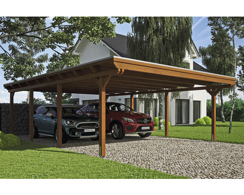 Carport double SKAN HOLZ Emsland avec film EPDM, ancre de poteau 613 x 846 cm noyer