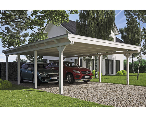 Carport double SKAN HOLZ Emsland avec film EPDM, ancre de poteau 613 x 846 cm blanc