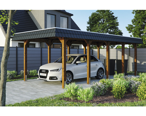 Carport individuel SKAN HOLZ Spreewald avec film EPDM, ancre de poteau 345 x 741 cm noyer