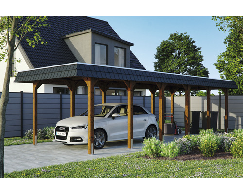 Carport individuel SKAN HOLZ Spreewald avec film EPDM, ancre de poteau 345 x 893 cm noyer