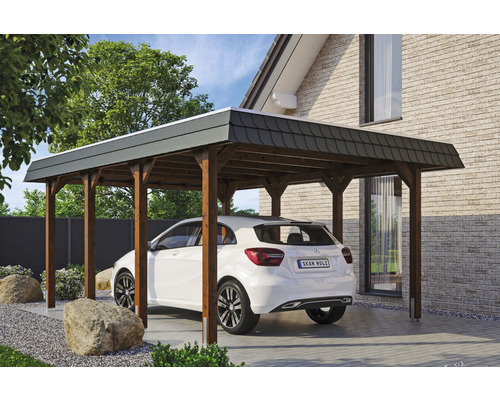 Carport individuel SKAN HOLZ Spreewald avec film EPDM, ancre de poteau 396 x 589 cm noyer