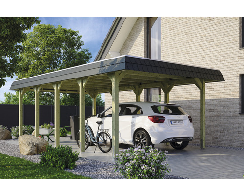 Carport individuel SKAN HOLZ Spreewald avec film EPDM, ancre de poteau 396 x 741 cm imprégné