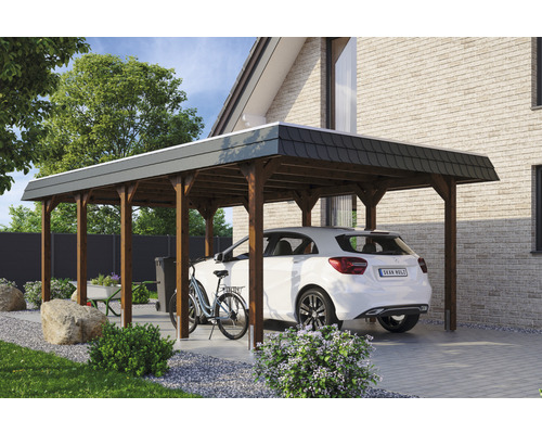 Carport individuel SKAN HOLZ Spreewald avec film EPDM, ancre de poteau 396 x 741 cm noyer