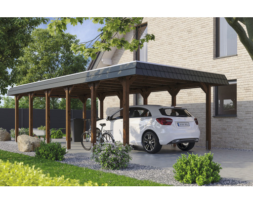 Carport individuel SKAN HOLZ Spreewald avec film EPDM, ancre de poteau 396 x 893 cm noyer