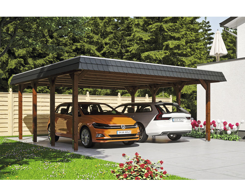 Carport double SKAN HOLZ Spreewald avec film EPDM, ancre de poteau 585 x 589 cm noyer