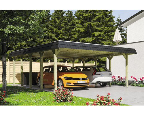 Carport double SKAN HOLZ Spreewald avec film EPDM, ancre de poteau 585 x 741 cm imprégné