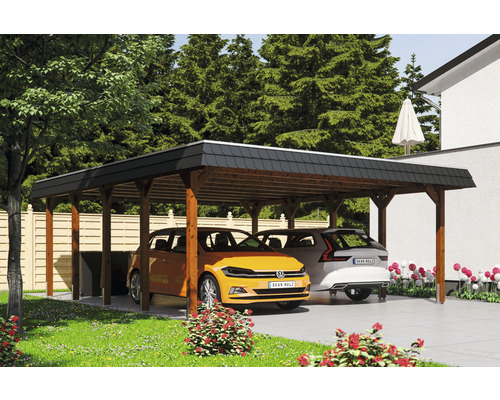 Carport double SKAN HOLZ Spreewald avec film EPDM, ancre de poteau 585 x 741 cm noyer