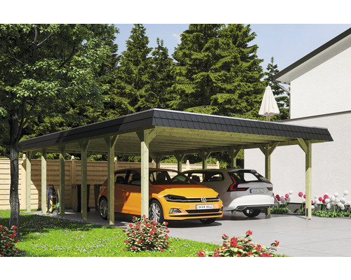 Carport double SKAN HOLZ Spreewald avec film EPDM, ancre de poteau 585 x 893 cm imprégné