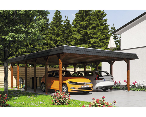 Carport double SKAN HOLZ Spreewald avec ancre de poteau 585 x 893 cm noyer