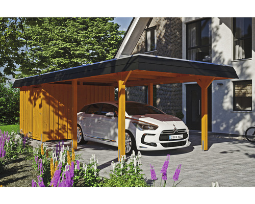 Carport individuel SKAN HOLZ Wendland avec espace de rangement, film EPDM, ancre de poteau 362 x 870 cm chêne clair