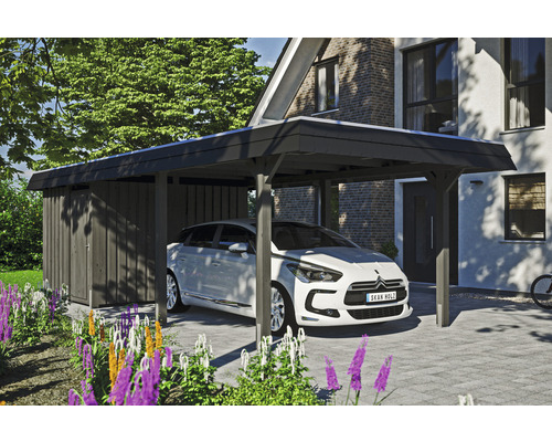 Carport individuel SKAN HOLZ Wendland avec espace de rangement, ancre de poteau 362 x 870 cm ardoise