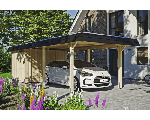 Carport individuel SKAN HOLZ Wendland avec espace de rangement, film EPDM, ancre de poteau 362 x 870 cm naturel