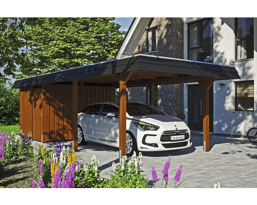 Carport individuel SKAN HOLZ Wendland avec espace de rangement, film EPDM, ancre de poteau 362 x 870 cm noyer