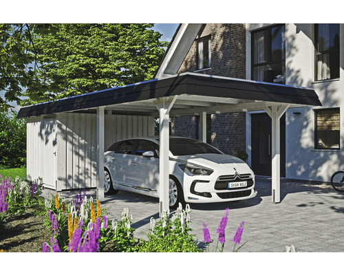 Carport individuel SKAN HOLZ Wendland avec espace de rangement, ancre de poteau 362 x 870 cm blanc