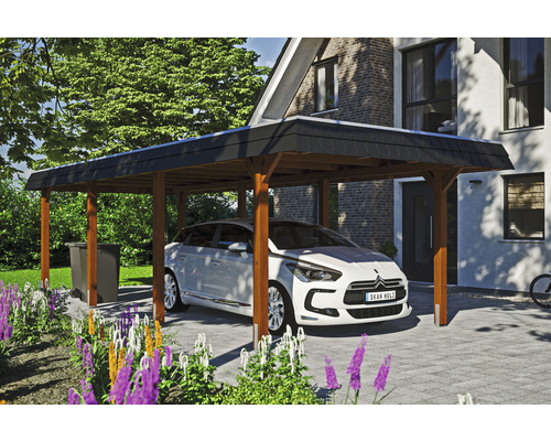 Carport individuel SKAN HOLZ Wendland avec film EPDM, ancre de poteau 362 x 870 cm noyer