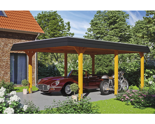 Carport individuel SKAN HOLZ Wendland avec film EPDM, ancre de poteau 409 x 628 cm chêne clair