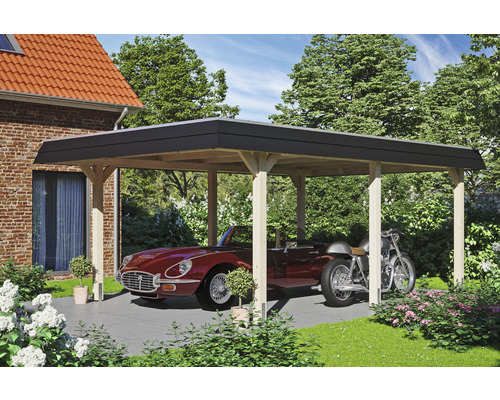 Carport individuel SKAN HOLZ Wendland avec film EPDM, ancre de poteau 409 x 628 cm naturel