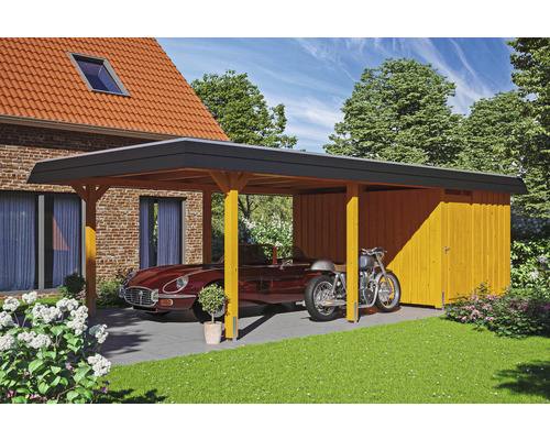 Carport individuel SKAN HOLZ Wendland avec espace de rangement, ancre de poteau 409 x 870 cm chêne clair