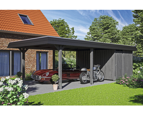 Carport individuel SKAN HOLZ Wendland avec espace de rangement, film EPDM, ancre de poteau 409 x 870 cm ardoise