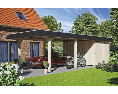 Einzelcarport SKAN HOLZ Wendland inkl. Abstellraum, Pfostenanker 409 x 870 cm natur