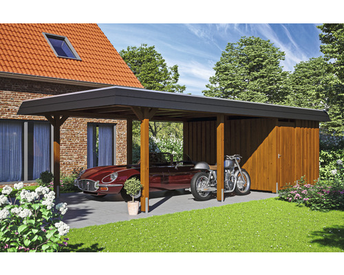 Carport individuel SKAN HOLZ Wendland avec espace de rangement, ancre de poteau 409 x 870 cm noyer